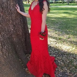 Red lace prom dress